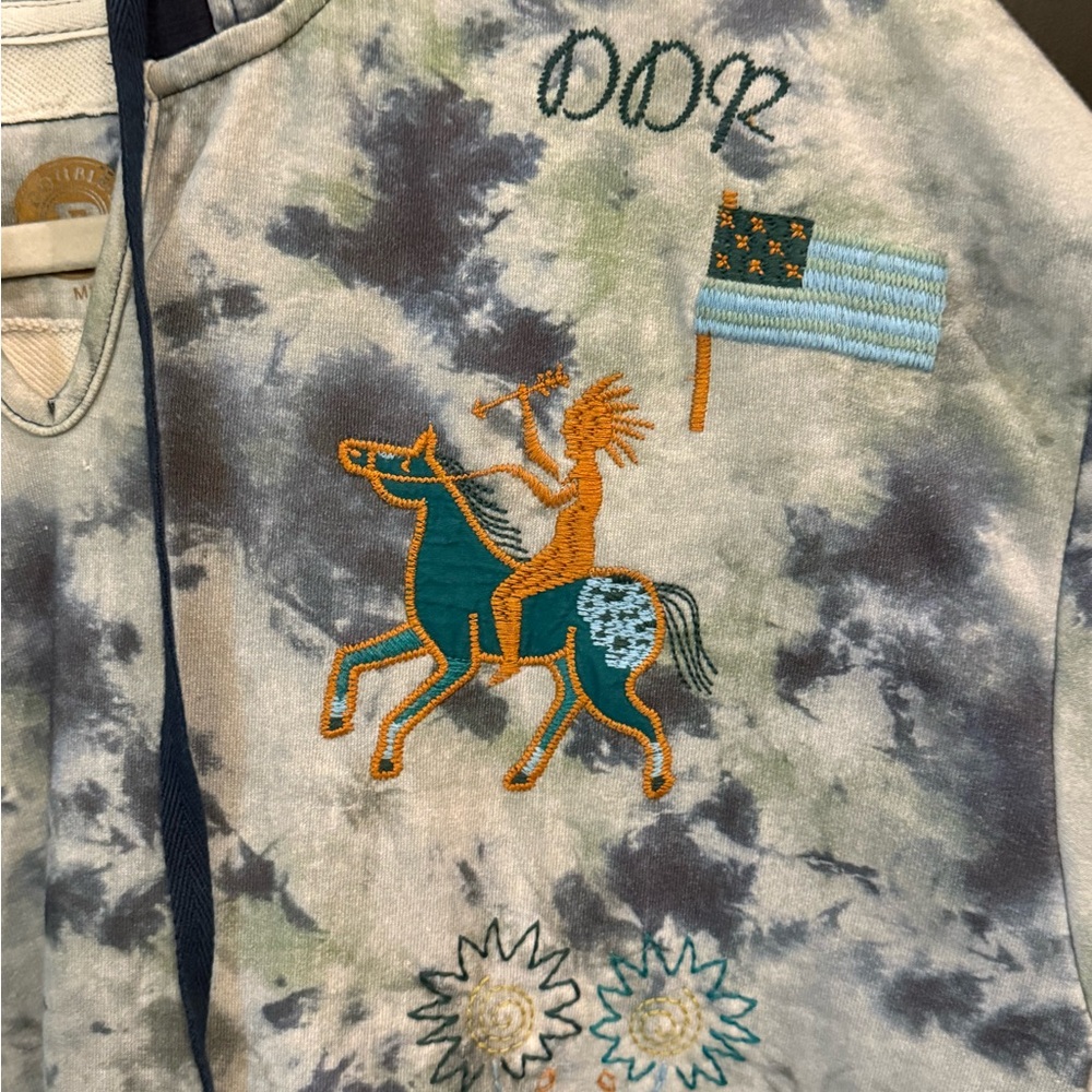 Double D Ranch Tie-Dye Hoodie with Embroidered Horse and Patches - Picture 3 of 11
